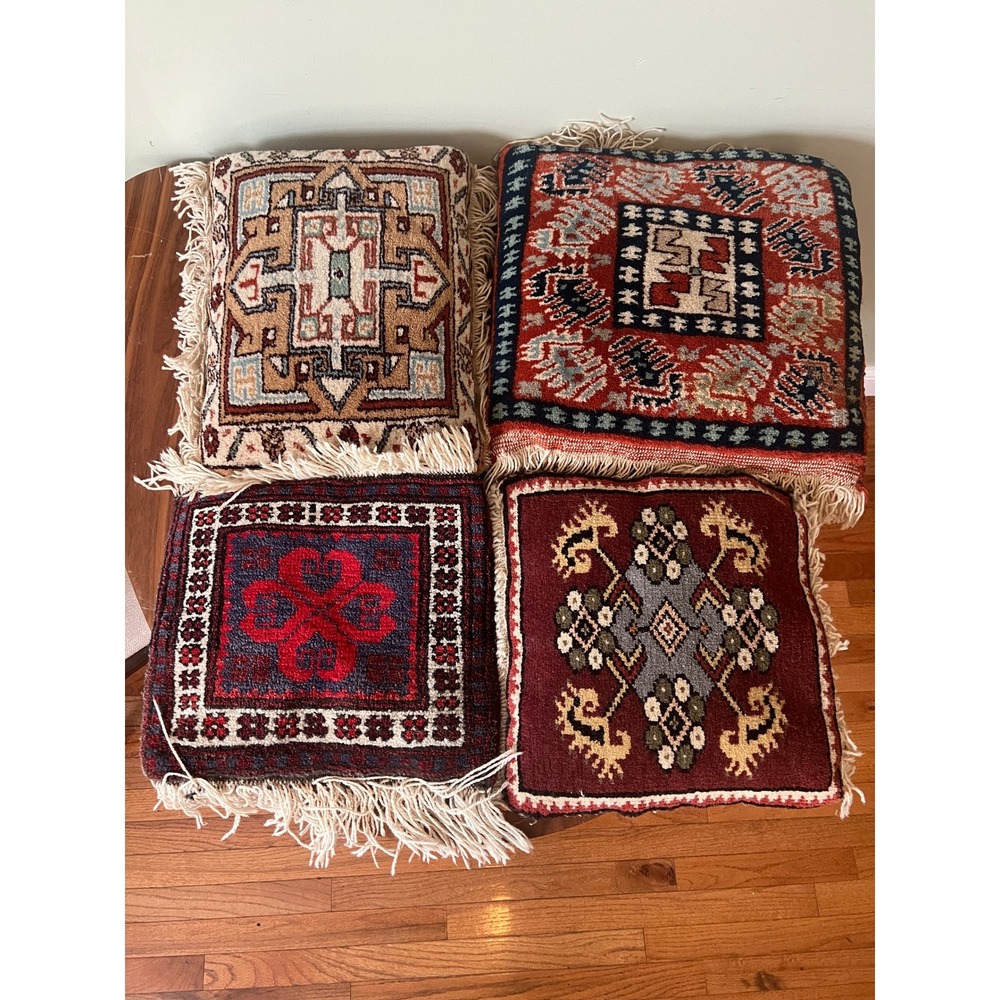 Vintage Kilim Wool Rug Throw Pillows Set of 4 Persian Tribal Boho Fringe Square